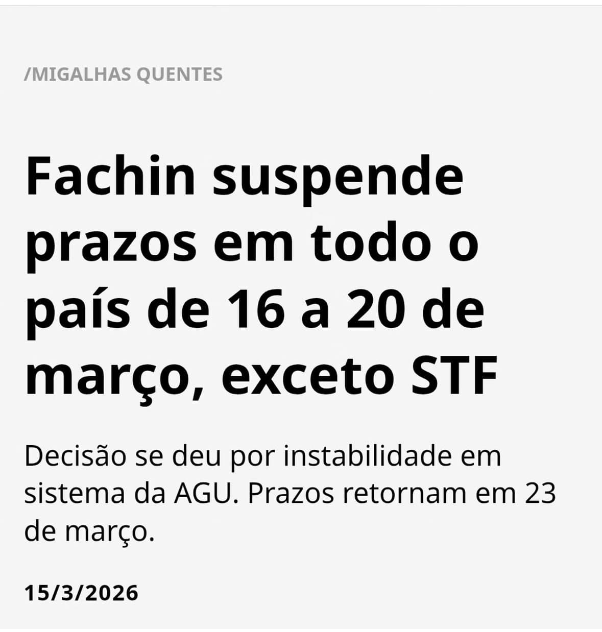 Post do Instagram da Dra. Ellen Gonçalves com notícia jurídica sobre a suspensão de prazos previdenciários.